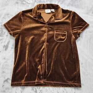 Vintage 90s Jason Maxwell Top Womens M Brown Velvet Leisure Shirt Button Front